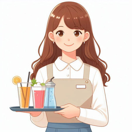 Waitress holding a tray of fresh fruit and vegetable juices, vector illustrationのイラスト素材