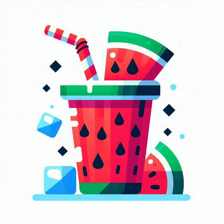Fruit smoothie in paper cup with watermelon and ice cubes. Vector illustration.のイラスト素材