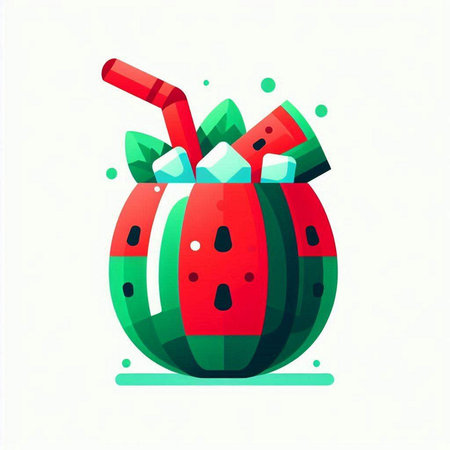 Watermelon smoothie with ice cubes and straw. Vector illustration.のイラスト素材