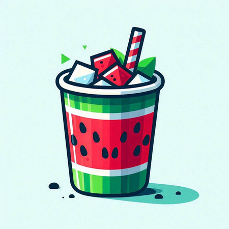Watermelon smoothie in a paper cup with ice cubes. Vector illustration.のイラスト素材