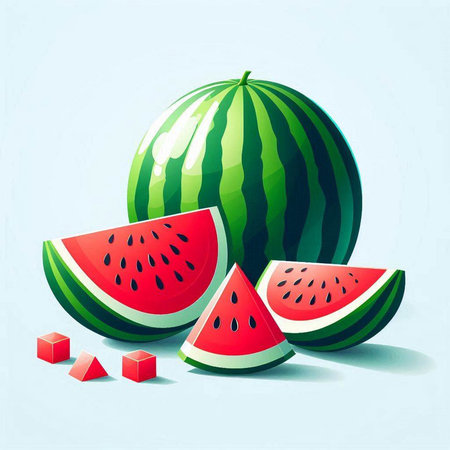 Watermelon and cubes of watermelon on a blue background. Vector illustrationのイラスト素材