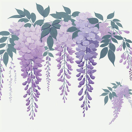 Wisteria flowers and leaves in vintage style. Floral background.のイラスト素材