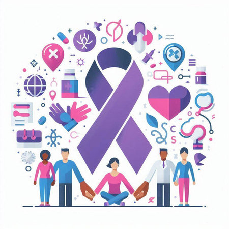 Breast Cancer Awareness Month. People with awareness ribbon and icons. Vector illustrationのイラスト素材