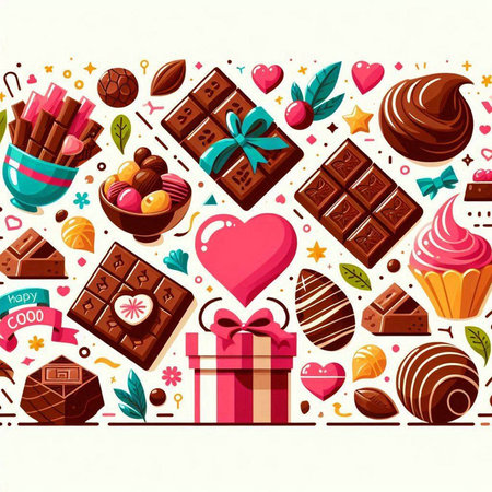 Seamless pattern with chocolate candies, cupcake, heart, gift box and sweets. Vector illustration.のイラスト素材