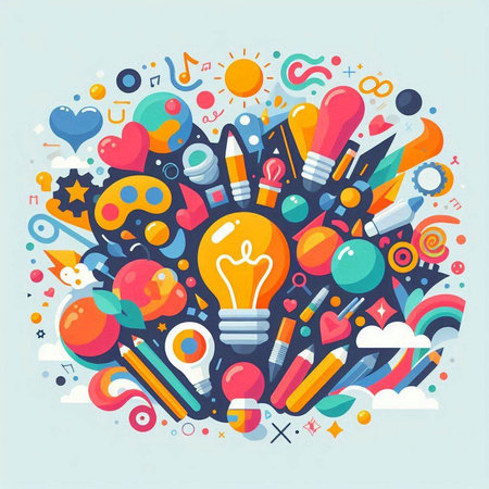 Colorful vector illustration of education and creativity theme round composition with light bulb, pencils and other elementsのイラスト素材