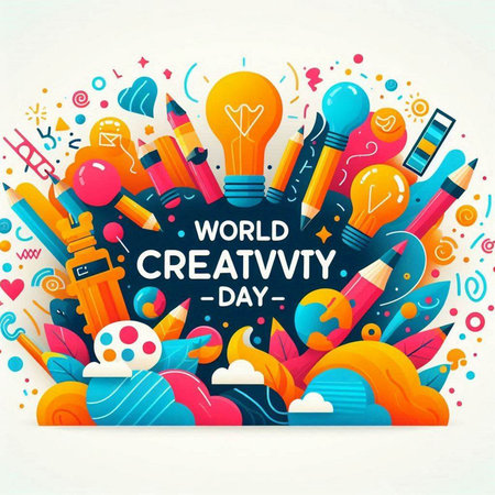 World Creativity Day. Vector Illustration of Bulb and School supplies.のイラスト素材