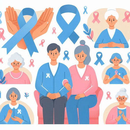 Seamless pattern with people and breast cancer awareness symbols. Vector illustration.のイラスト素材