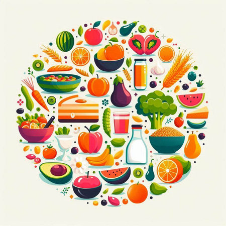 Healthy food round composition with fruits and vegetables. Vector illustration.のイラスト素材