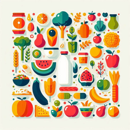 Vector illustration of healthy food in flat style. Vegetables, fruits and milk.のイラスト素材