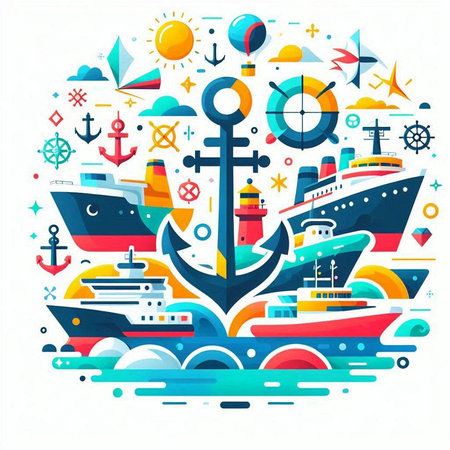 Nautical vector illustration with ship, anchor, steering wheel and sea wavesのイラスト素材