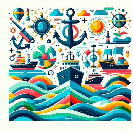 Vector illustration of sea and nautical concept with ship, anchor, lighthouse, sailboat.のイラスト素材