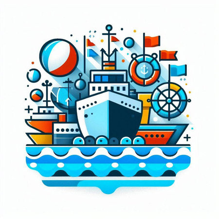 Marine background with ships, anchor, steering wheel, lighthouses and other elements.のイラスト素材