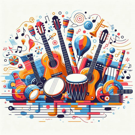 Colorful musical instruments background with copy space. Vector illustration for your designのイラスト素材