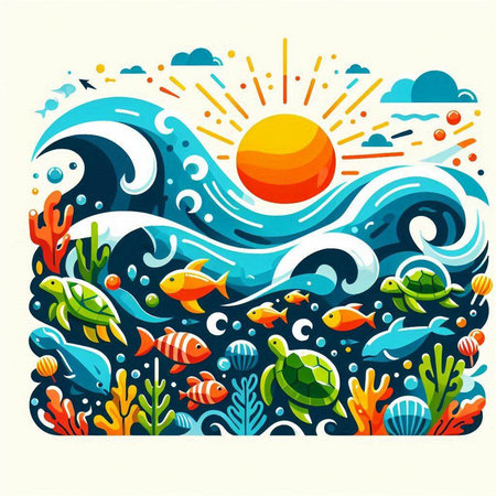 Vector illustration of a sea landscape with fish, corals and the sunのイラスト素材