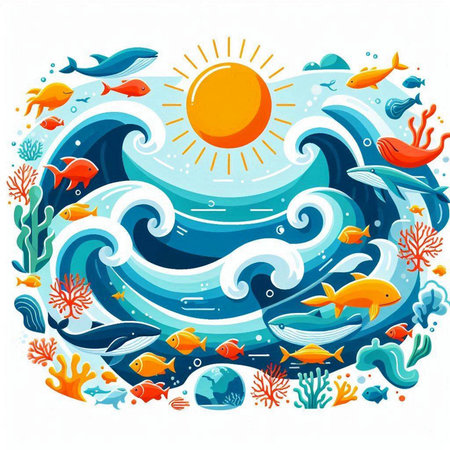 Sea landscape with fish, sun and ocean waves. Vector illustration.のイラスト素材
