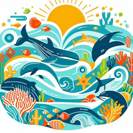 Underwater world with fishes and corals. Colorful vector illustration.のイラスト素材