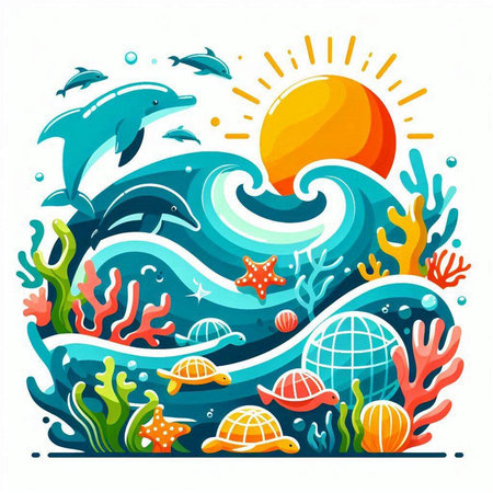 Sea life, cartoon vector illustration. Underwater world with animals and plants.のイラスト素材