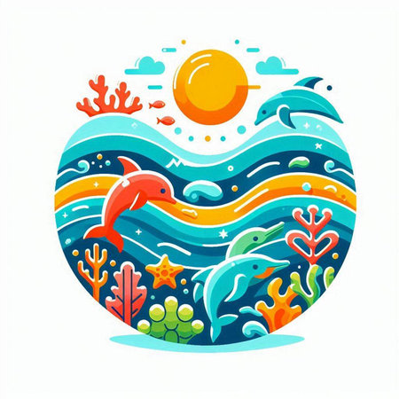 Vector illustration of a sea landscape with dolphins, corals and sun.のイラスト素材