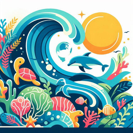 Vector illustration of a sea wave with dolphins and seahorses.のイラスト素材