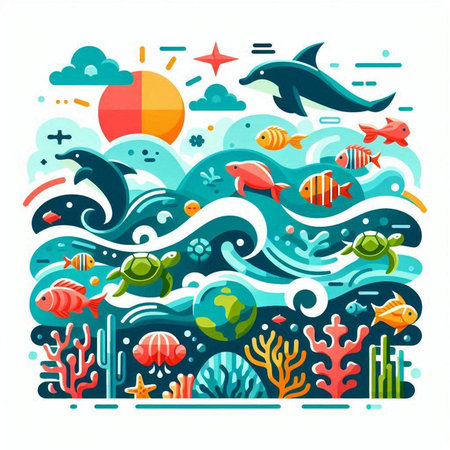 Underwater world vector illustration in flat style. Marine life background.のイラスト素材