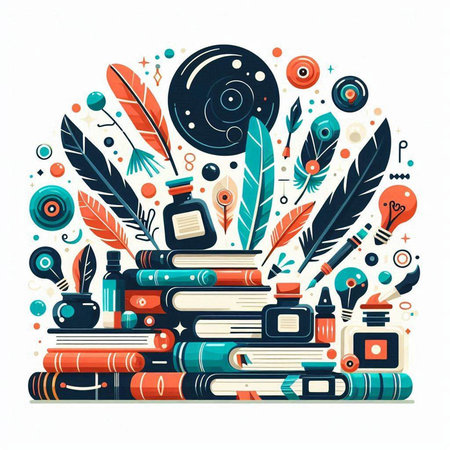 Vector illustration with books, feather, inkwell and other things.のイラスト素材