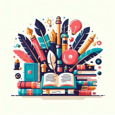 Vector illustration of education and learning concept with books, pens, pencils, quill pen, feather and other items.のイラスト素材