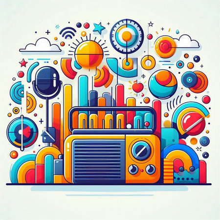 Retro radio concept. Vector colorful illustration in line art style.のイラスト素材