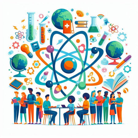 Group of students and teacher with science symbols. Vector illustration in flat styleのイラスト素材