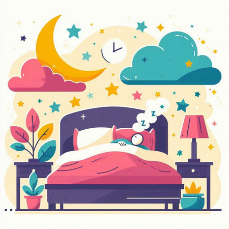 World Sleep Day. Cute flat vector illustration with people sleeping in bed.のイラスト素材