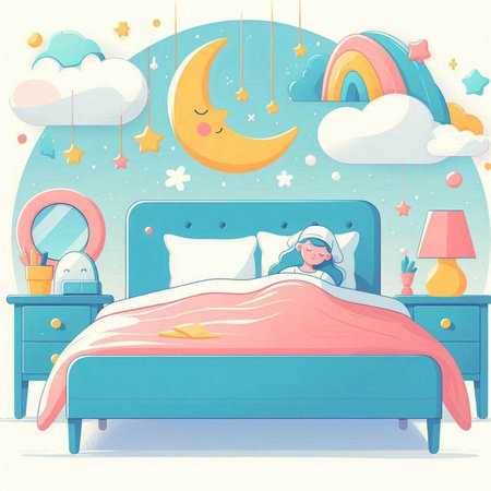 Cute girl sleeping in her bed. Vector illustration in cartoon style.のイラスト素材