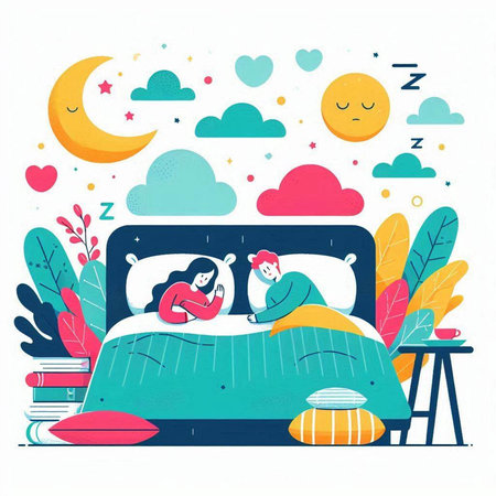 World Sleep Day banner with people sleeping in bed. Vector illustration.のイラスト素材