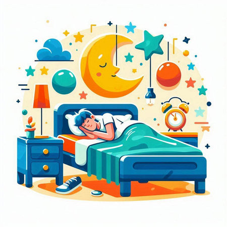 Vector illustration of a boy sleeping in bed at night. Flat style.のイラスト素材