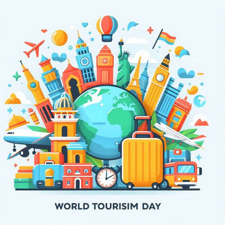 Travel and tourism background with airplane, suitcase, globe, map and other elementsのイラスト素材