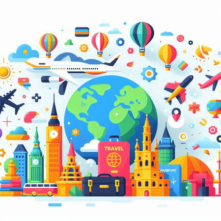 Traveling around the world concept. Vector flat design illustration with travel icons.のイラスト素材