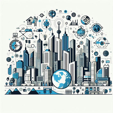 Cityscape with buildings and people. Vector illustration in cartoon style.のイラスト素材