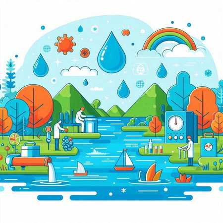 Vector illustration of a river in the middle of the world with icons and elementsのイラスト素材