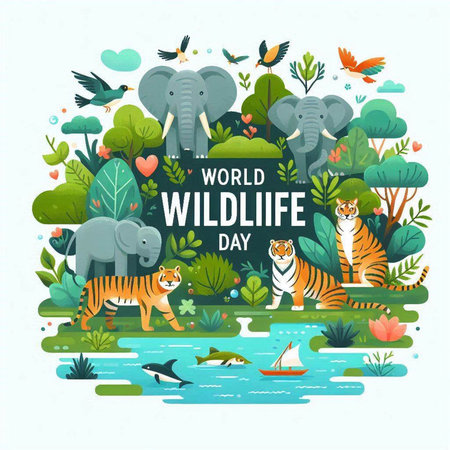 World Wildlife Day banner with cute wild animals in the jungle. Vector illustration.のイラスト素材