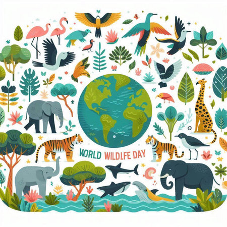 World Wildlife Day. Vector illustration with cute cartoon animals and plants.のイラスト素材