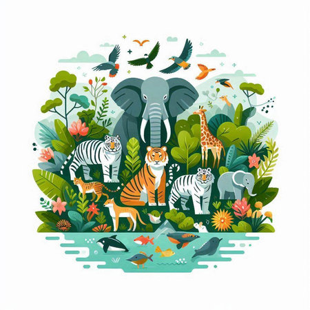 Vector illustration of wild animals in flat style. Wild animal background.のイラスト素材