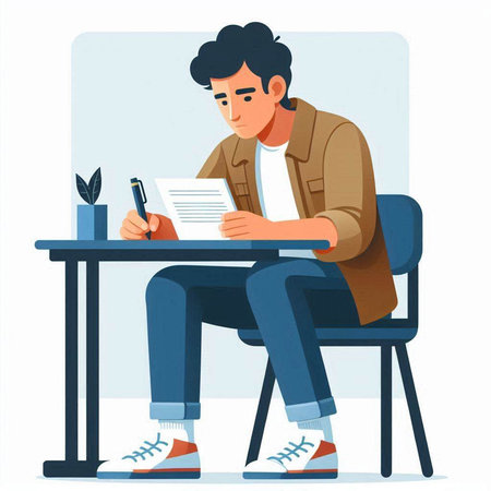 Young man sitting at the table and writing in a notebook. Vector illustration.のイラスト素材