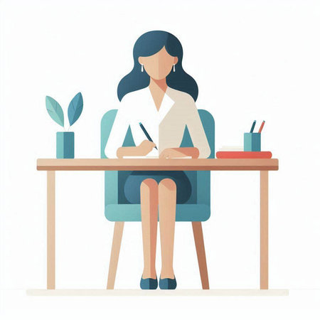 Business woman sitting at the desk and writing in notebook. Vector illustration.のイラスト素材