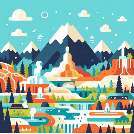 Landscape with mountains and river. Vector illustration in flat style.のイラスト素材
