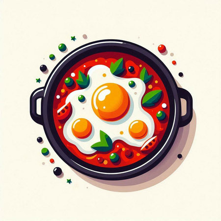 Shakshuka with fried eggs in a pan. Vector illustration.のイラスト素材