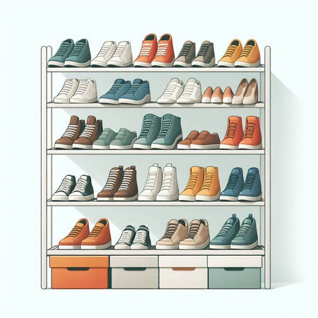 Shelves with different shoes. Vector illustration in retro style.のイラスト素材