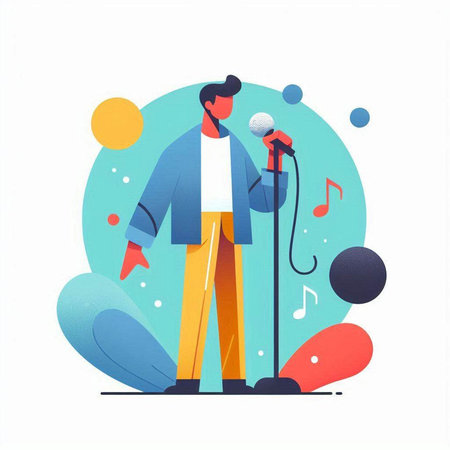 Vector illustration of a man singing into a microphone. Flat style.のイラスト素材