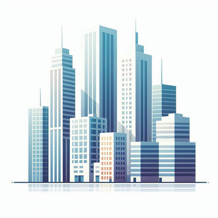 Vector illustration of a modern cityscape with skyscrapers and reflectionsのイラスト素材