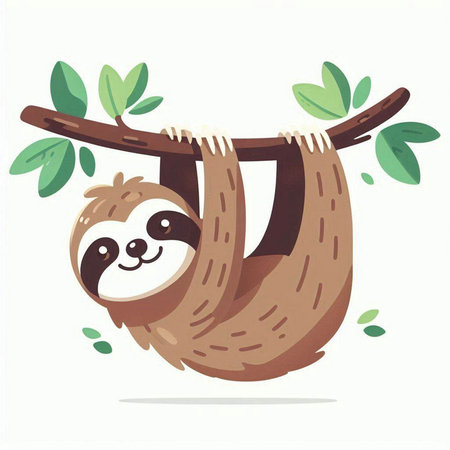 Cute cartoon sloth hanging on a tree branch. Vector illustration.のイラスト素材