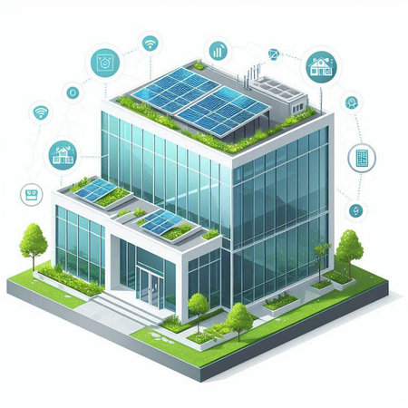 Isometric illustration of a modern building with solar panels and wind turbinesのイラスト素材