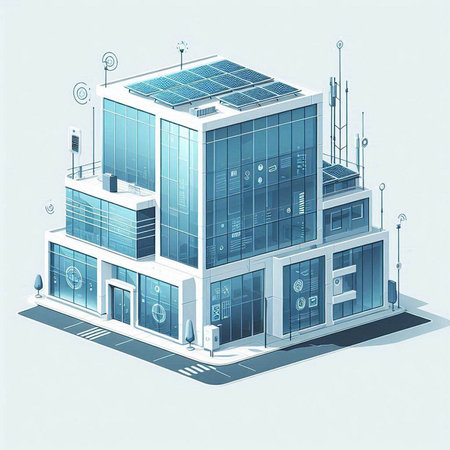 3d isometric illustration of a modern office building with solar panelsのイラスト素材