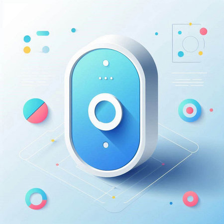 Blue 3d speaker icon on blue background with colorful circles. Vector illustration.のイラスト素材